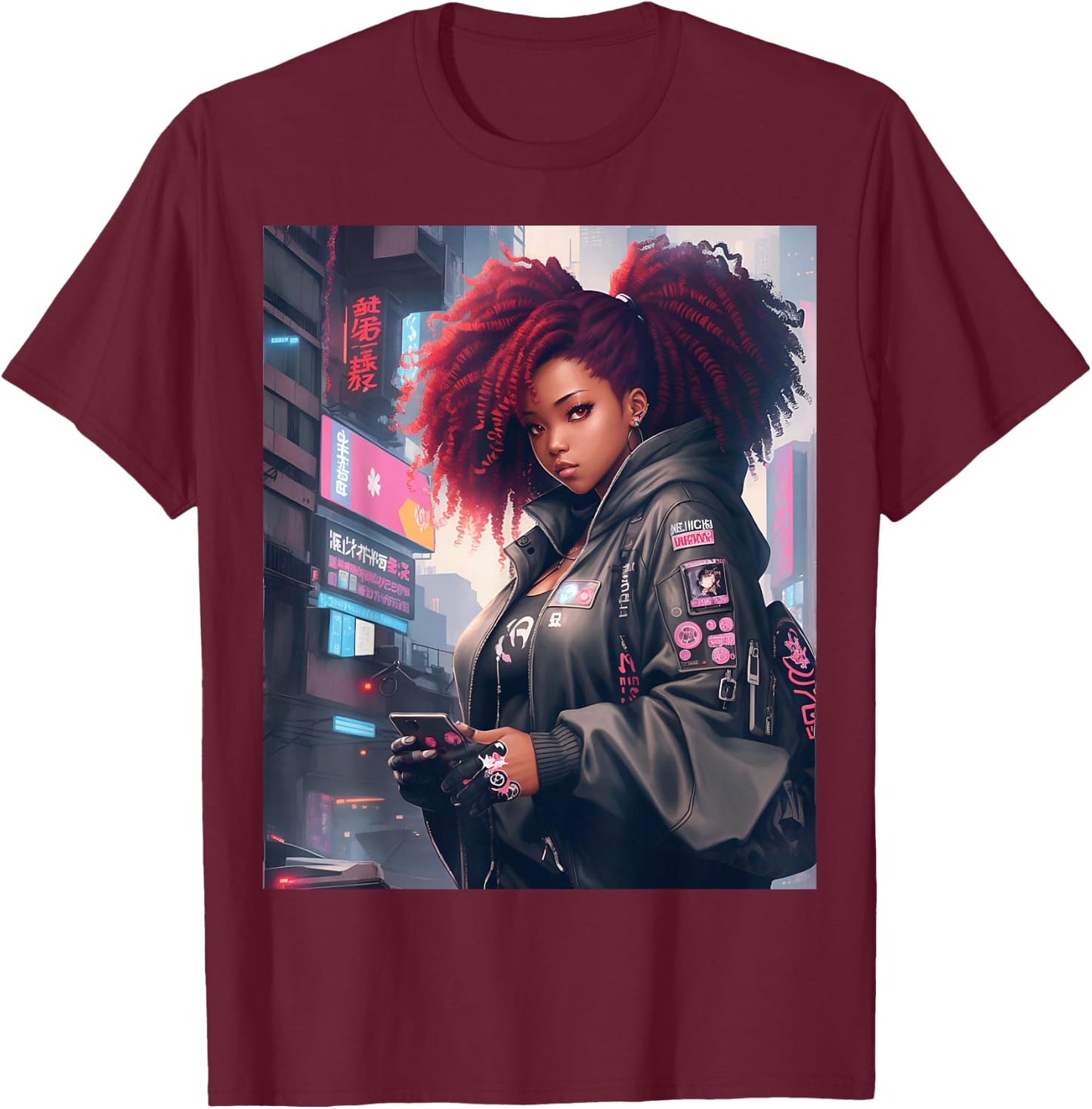Black Anime Girl Kawaii Waifu Aesthetic T-Shirt - T-Shirt | Maroon