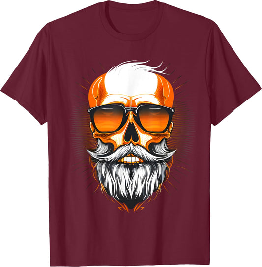 Vintage Rebel: Cool Old Man Skull with Beard Men Women T-Shirt - T-Shirt | Maroon