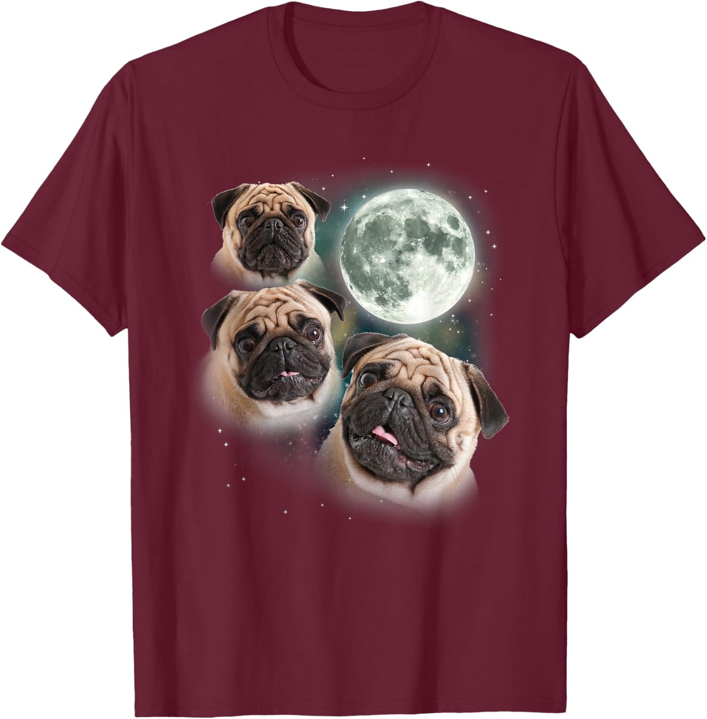 Funny Pug Shirt | 3 Pug Moon Dog Lovers Three Space Canines T-Shirt - T-Shirt | Maroon