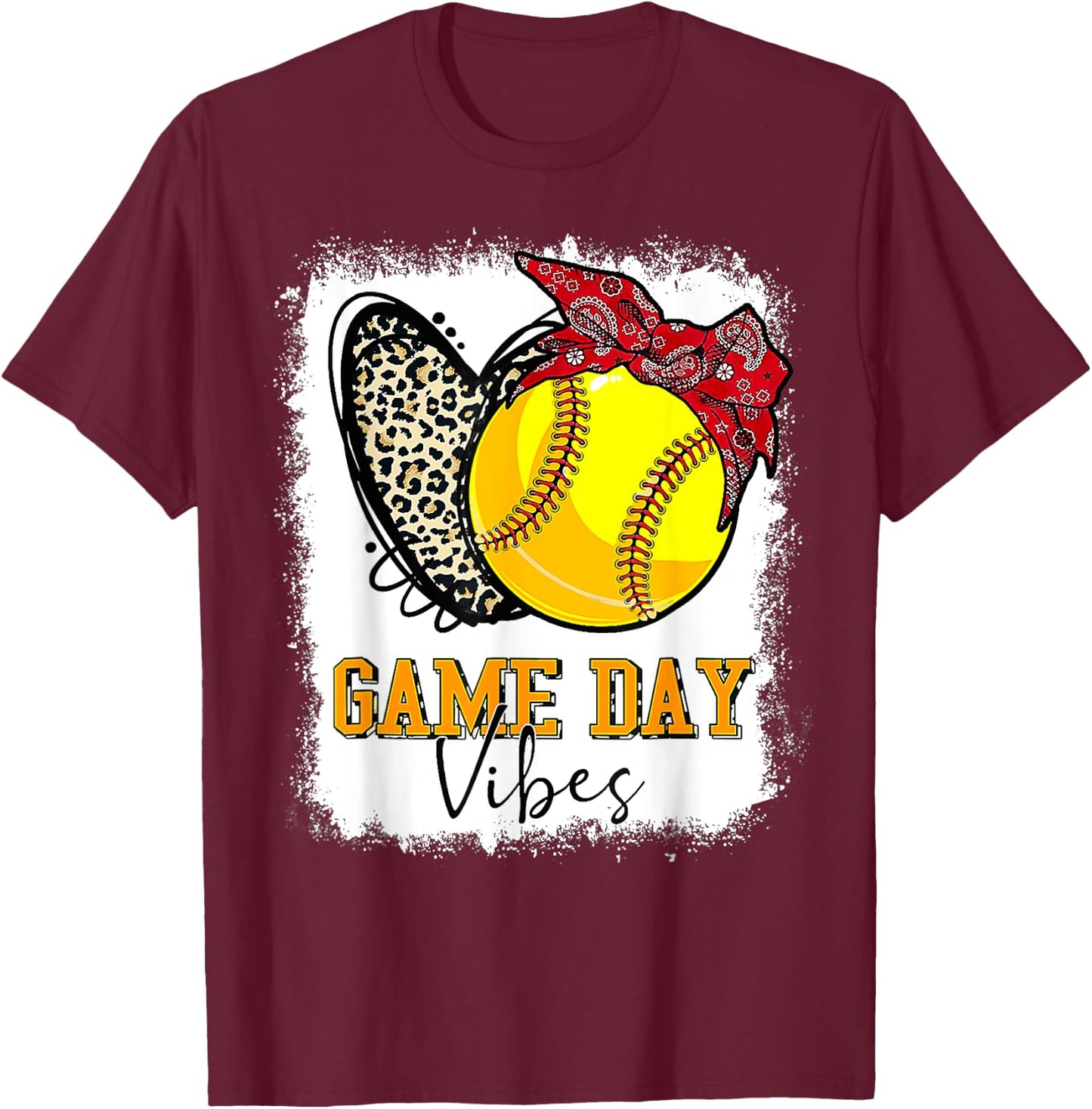 Softball Game Day Vibes Leopard Heart Headband Mom Bleached T-Shirt - T-Shirt | Maroon