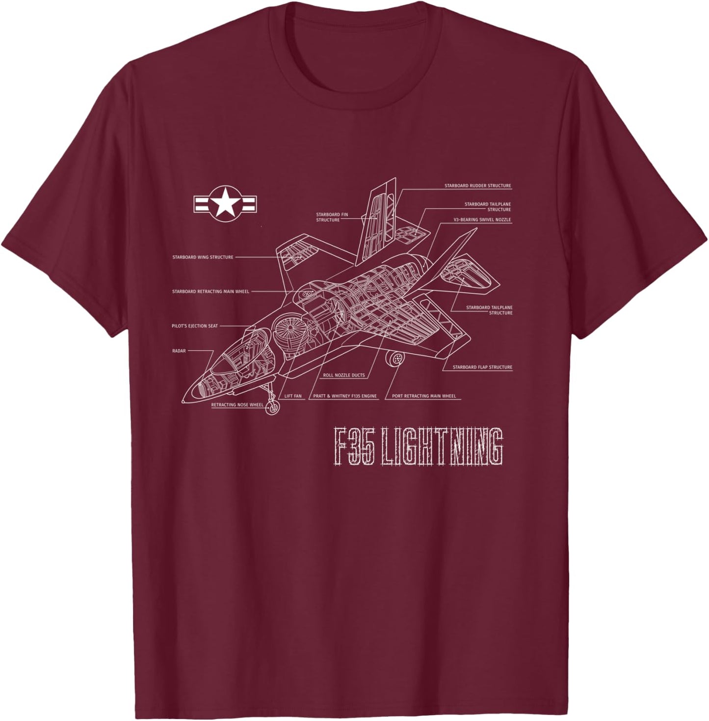 American Aircraft Stealth Fighter F35 lightning blueprint T-Shirt - T-Shirt | Maroon