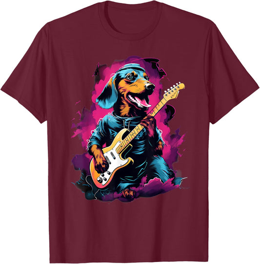 Punk Rock Guitar Dachshund Dog Guitarist T-Shirt - T-Shirt | Maroon