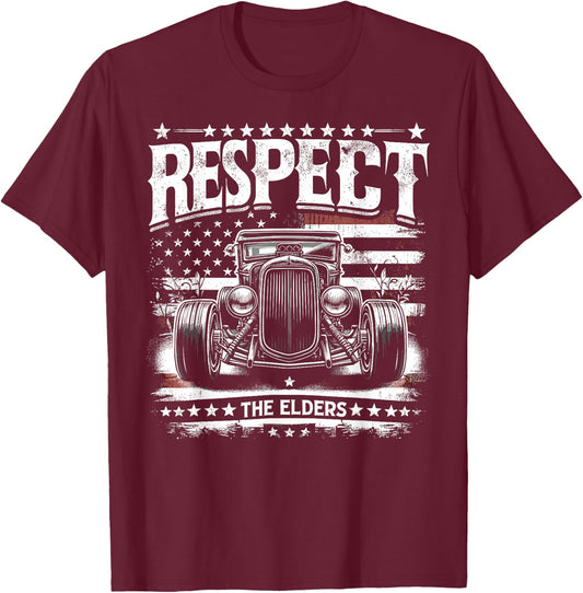 Hot Rod Grandpa, Respect The Elders, Patriotic Rat Rod Car T-Shirt - T-Shirt | Maroon