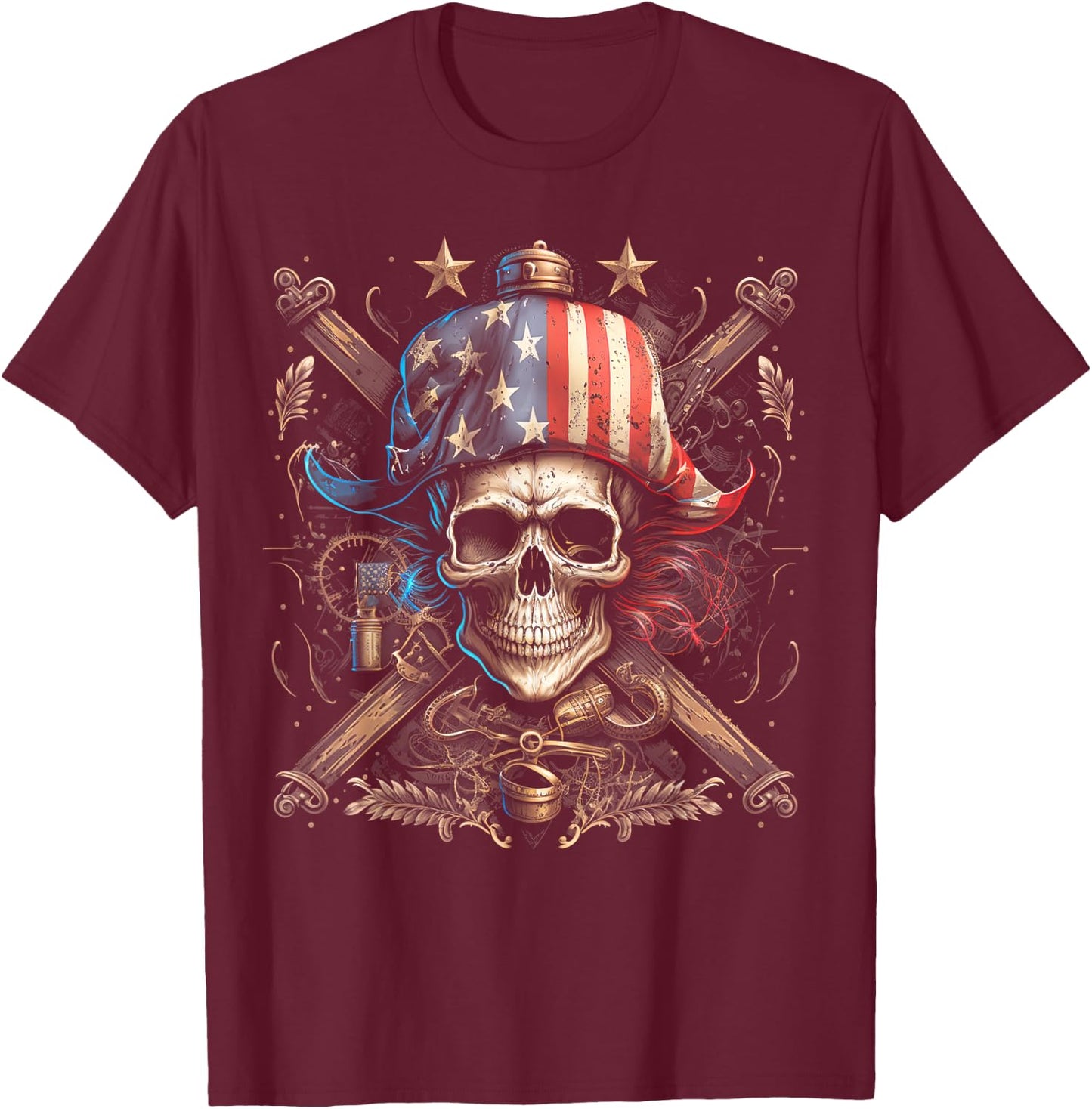 Pirate 4th of July American Flag USA America Funny T-Shirt - T-Shirt | Maroon