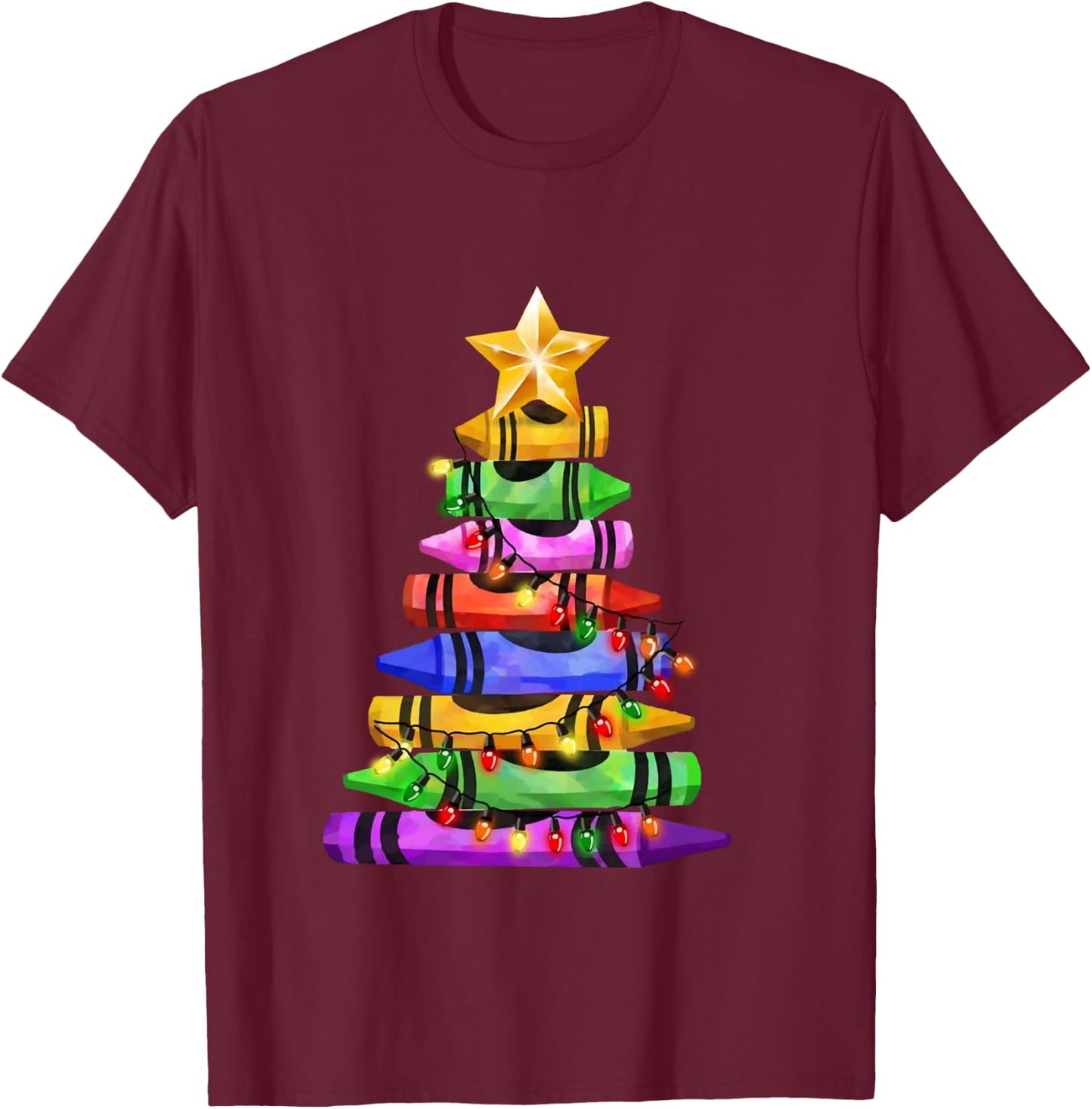 Funny Student Teacher Crayon Christmas Tree Lights Cute Xmas T-Shirt - T-Shirt | Maroon