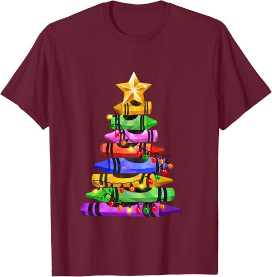 Funny Student Teacher Crayon Christmas Tree Lights Cute Xmas T-Shirt - T-Shirt | Maroon