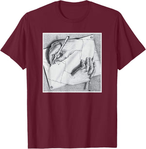 Drawing Hands Illusion Artwork T-Shirt - T-Shirt | Maroon