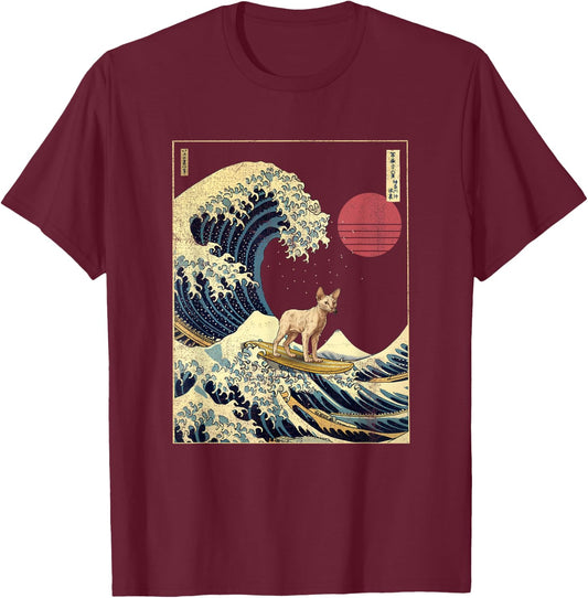 Cornish Rex Cat Kanagawa Wave Funny Surf Animal T-Shirt - T-Shirt | Maroon