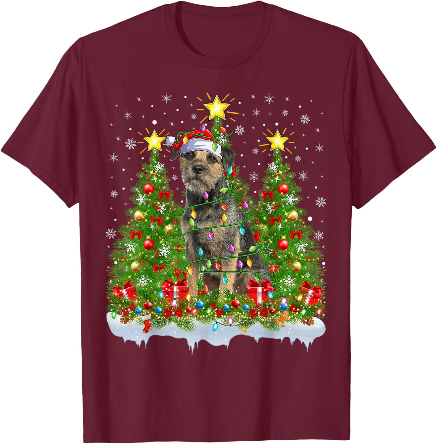 Xmas Tree Decoration Santa Border Terrier Dog Christmas T-Shirt - T-Shirt | Maroon