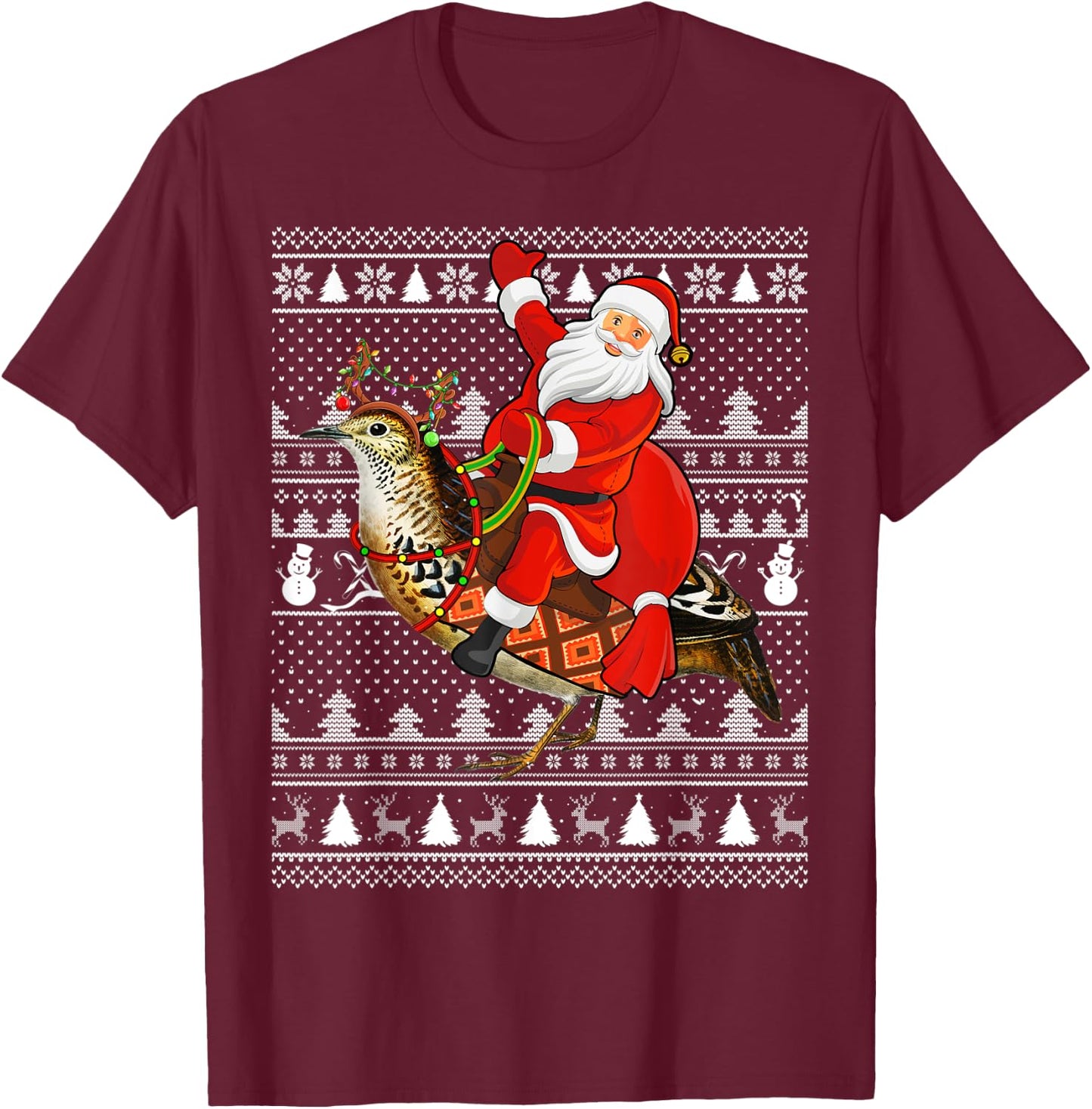 Quail Bird Xmas Holiday Ugly Santa Riding Quail Christmas T-Shirt - T-Shirt | Maroon