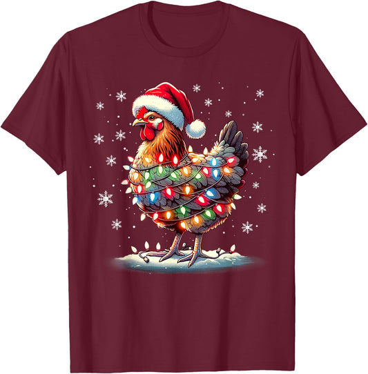 Chicken Santa Christmas Light Funny Xmas Chicken Pajamas T-Shirt - T-Shirt | Maroon