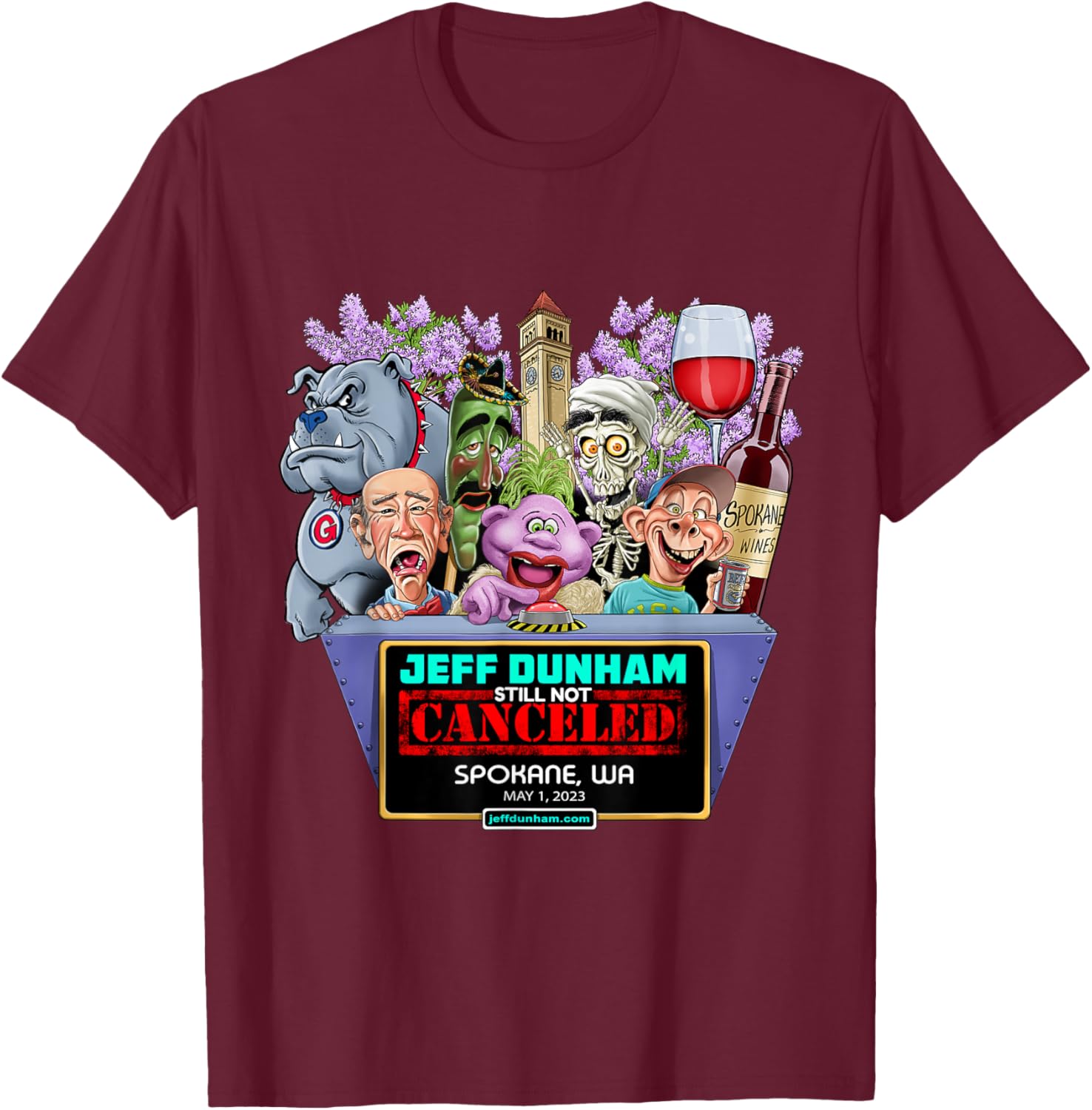 Jeff Dunham Spokane, WA (2023) T-Shirt - T-Shirt | Maroon