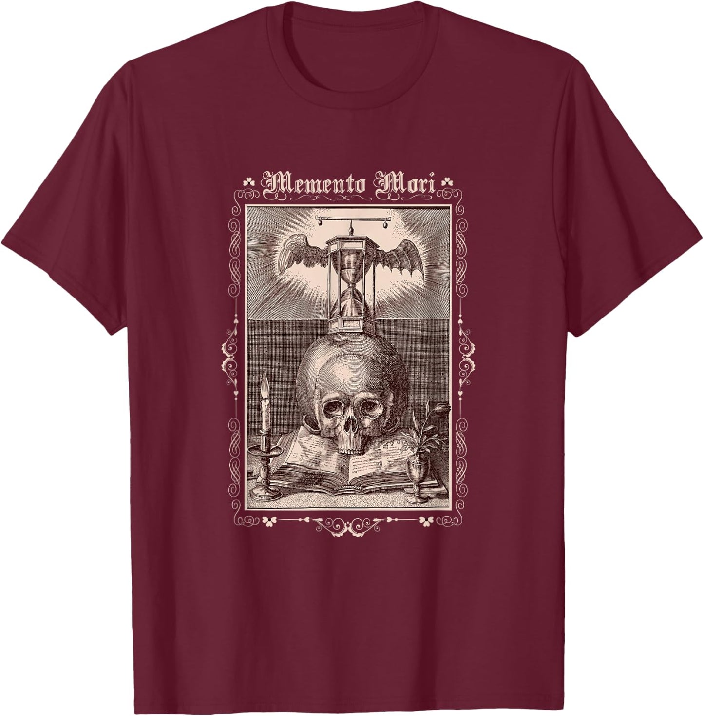 Memento Mori Gothic Skull Hourglass Witch Dark Academy T-Shirt - T-Shirt | Maroon