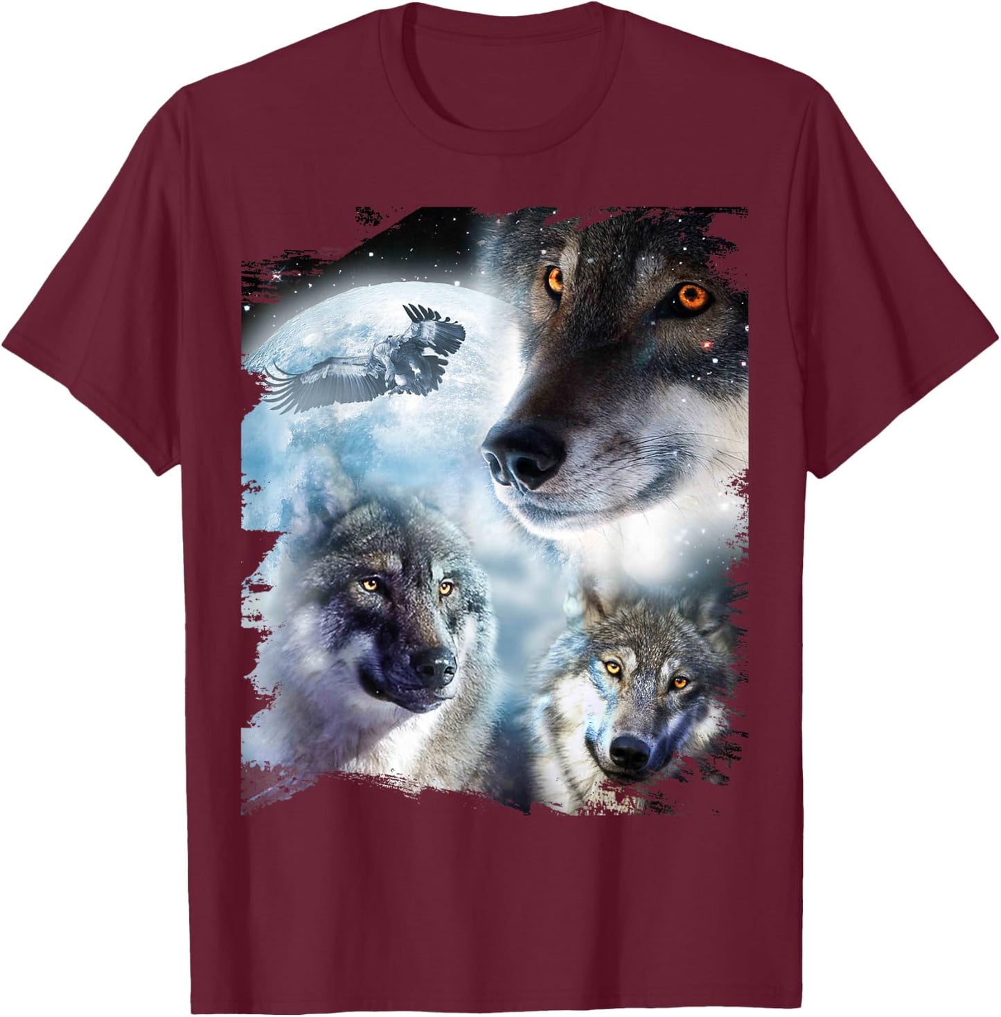 Space Wolves 3 Three Snow Wolf Howling At Moon T-Shirt - T-Shirt | Maroon