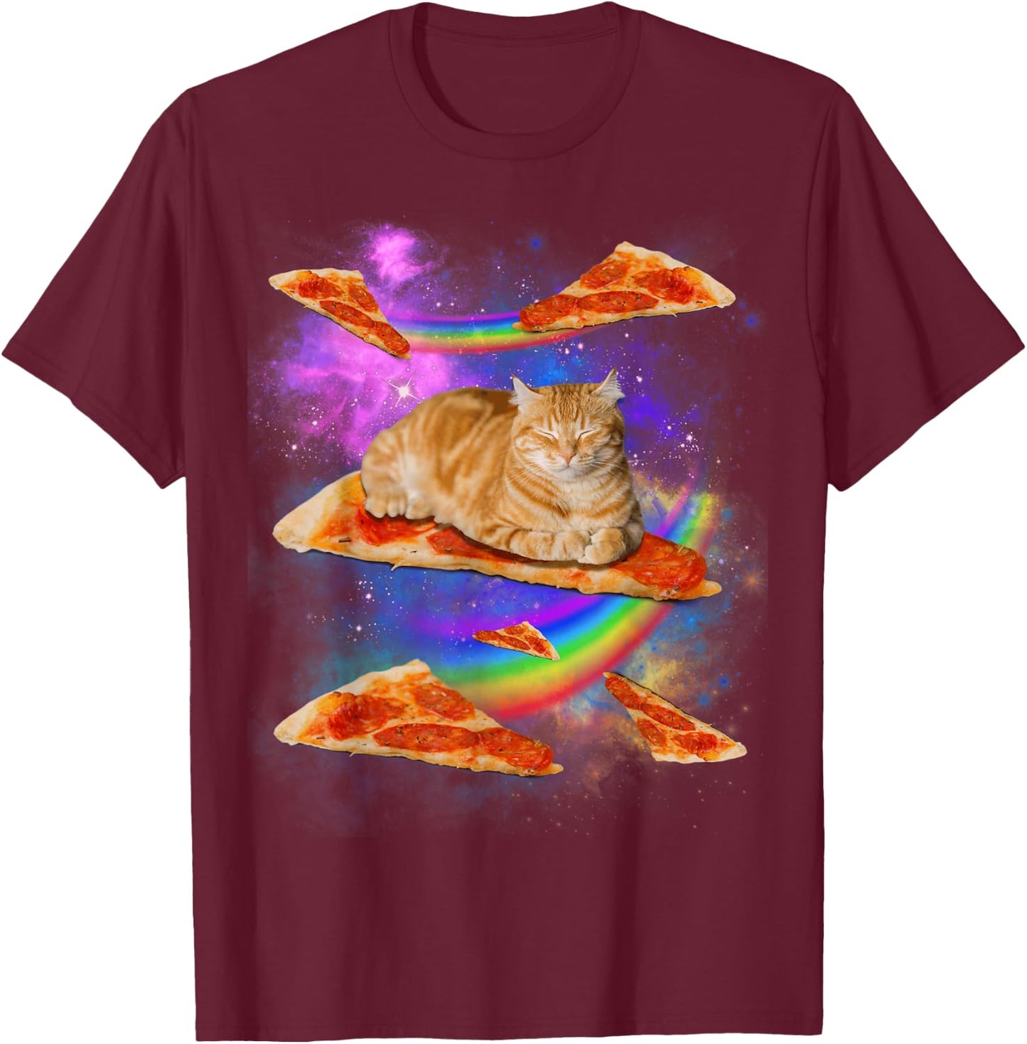 Funny Galaxy Cat in Space, Cat Riding Pizza T-Shirt - T-Shirt | Maroon