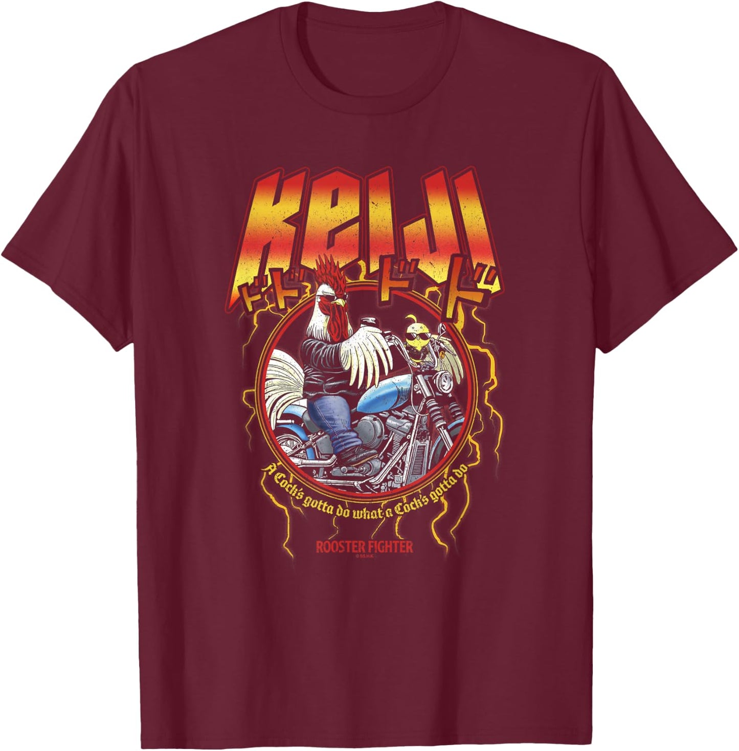 Rooster Fighter Keiji Metal Motorcycle Circle T-Shirt - T-Shirt | Maroon
