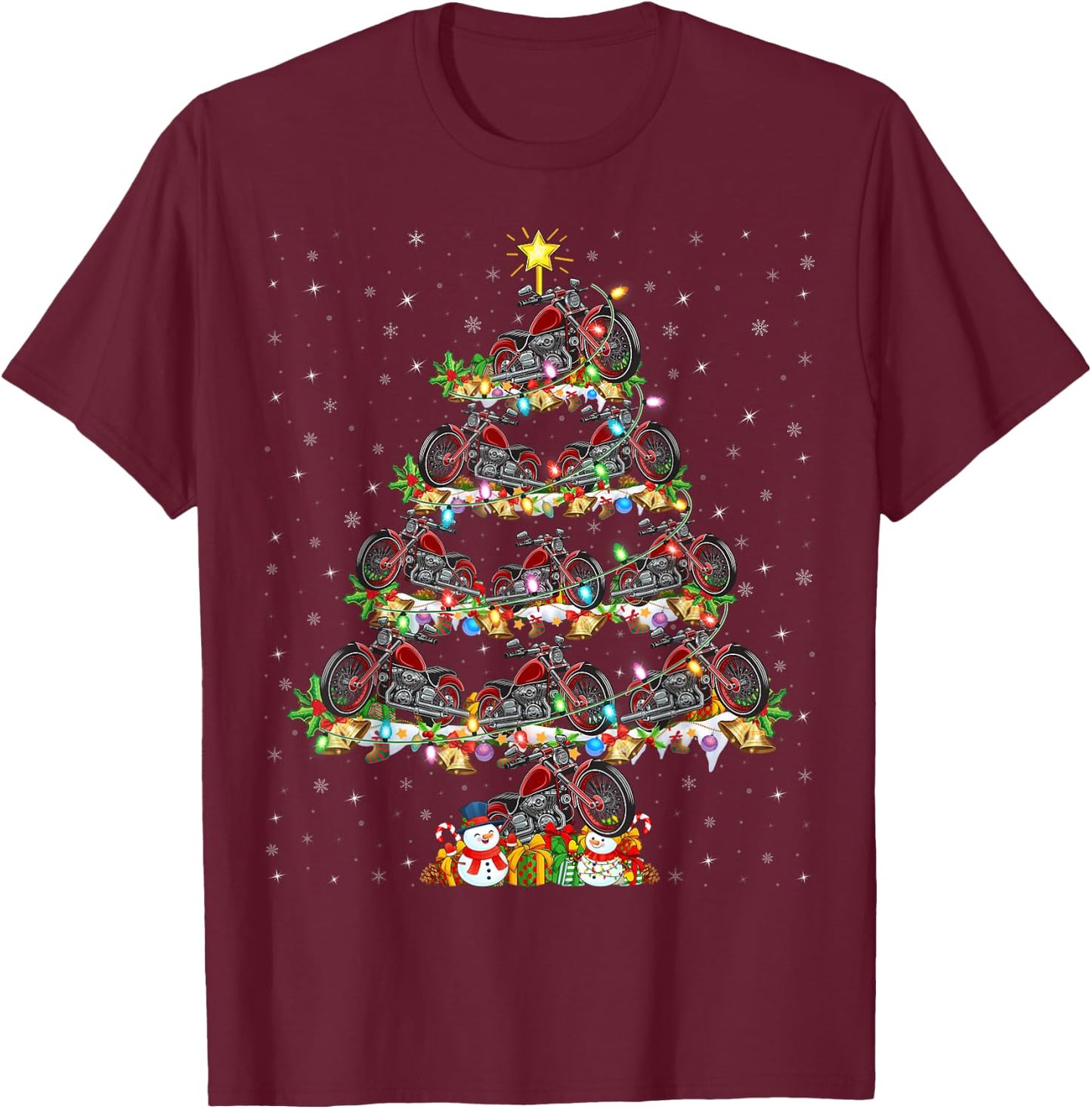 Motorcycle Xmas Lighting Santa Motorcycle Christmas Tree T-Shirt - T-Shirt | Maroon