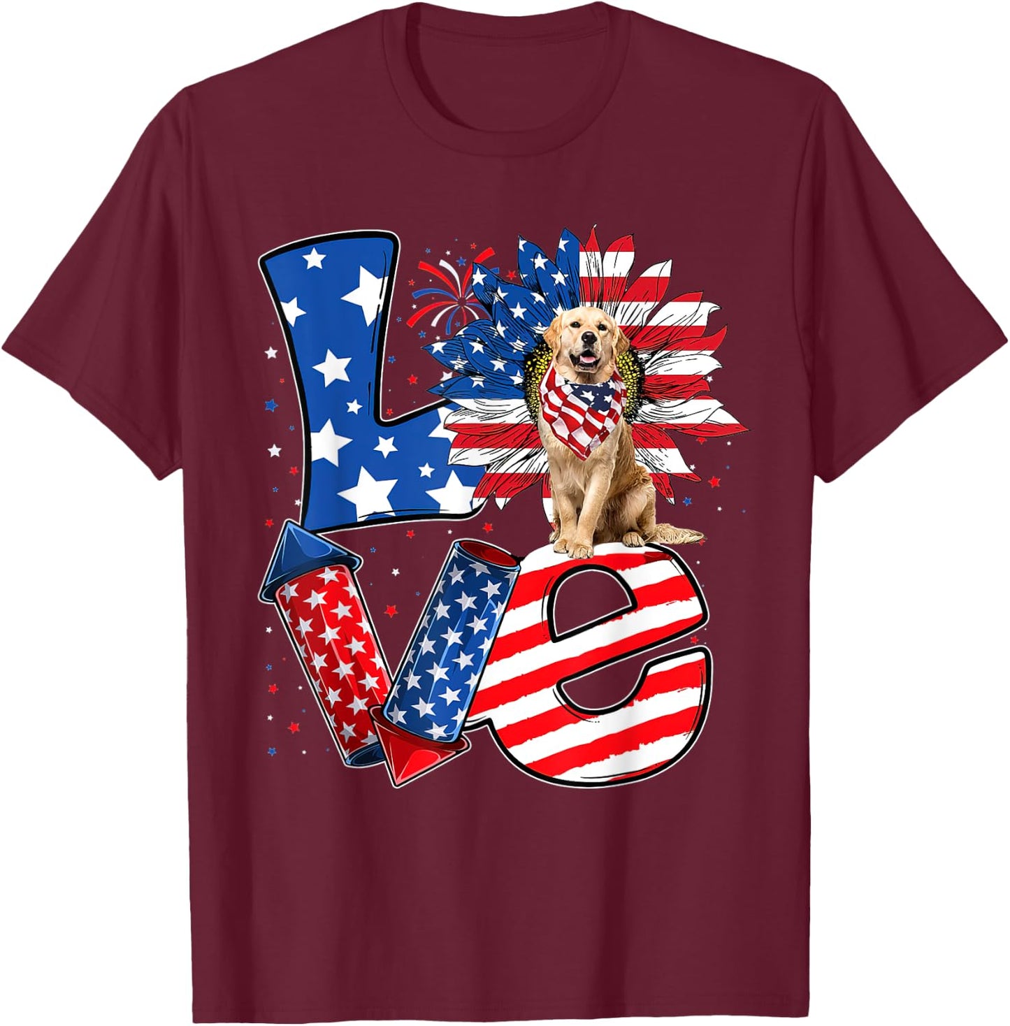 4th of July Decor Patriotic LOVE Golden Retriever Dog USA T-Shirt - T-Shirt | Maroon