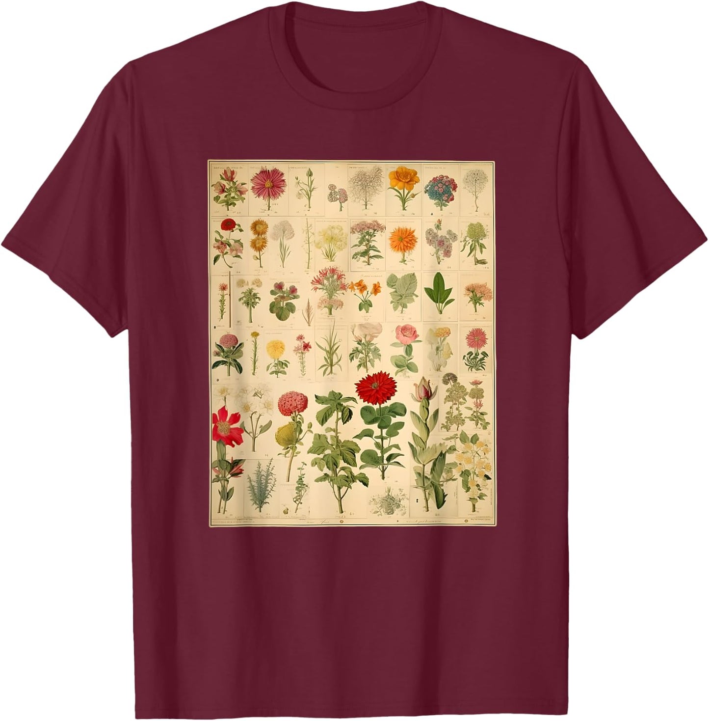 Vintage Floral Botanical Chart T-Shirt - T-Shirt | Maroon