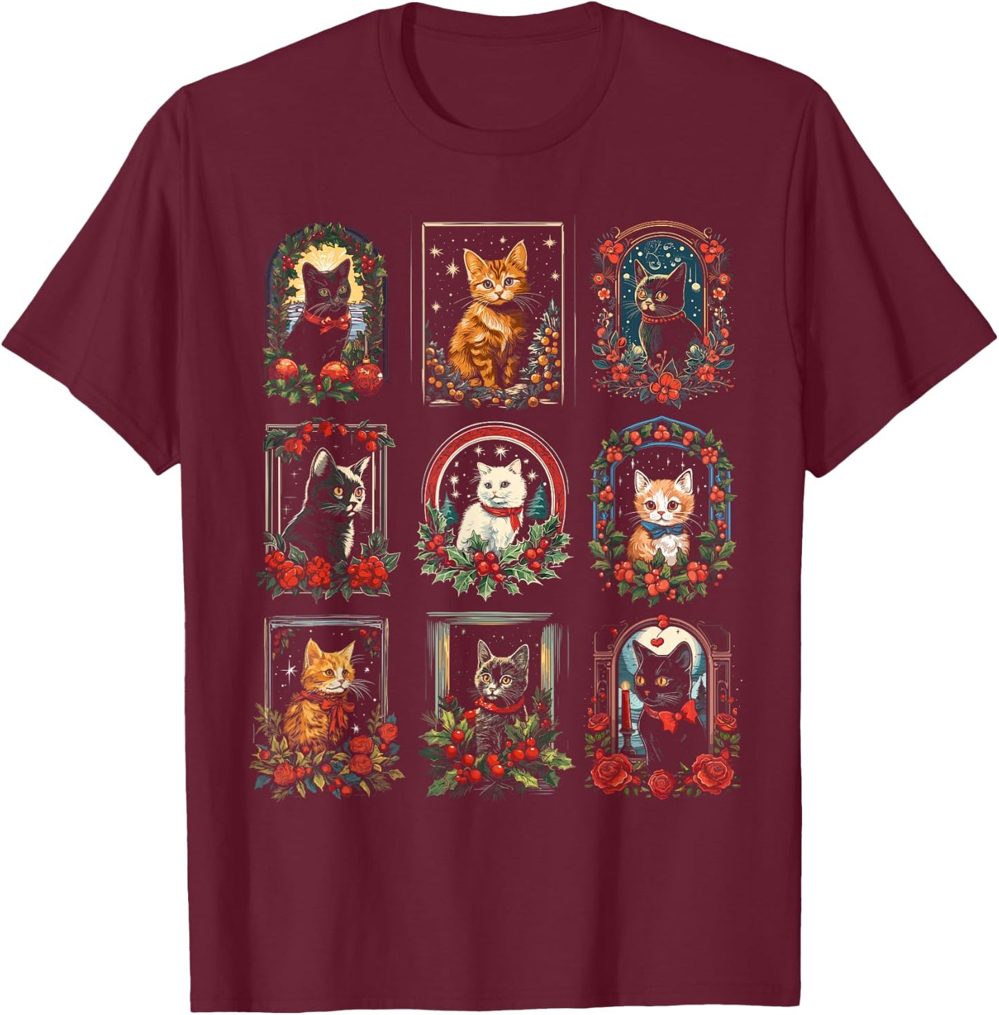 Vintage Kitten Christmas Cats & Men T-Shirt - T-Shirt | Maroon
