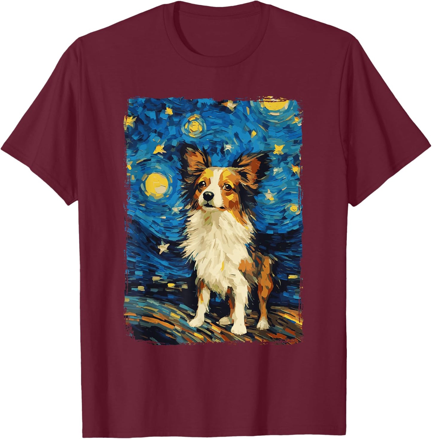 Papillon Dog Starry Night T-Shirt - T-Shirt | Maroon