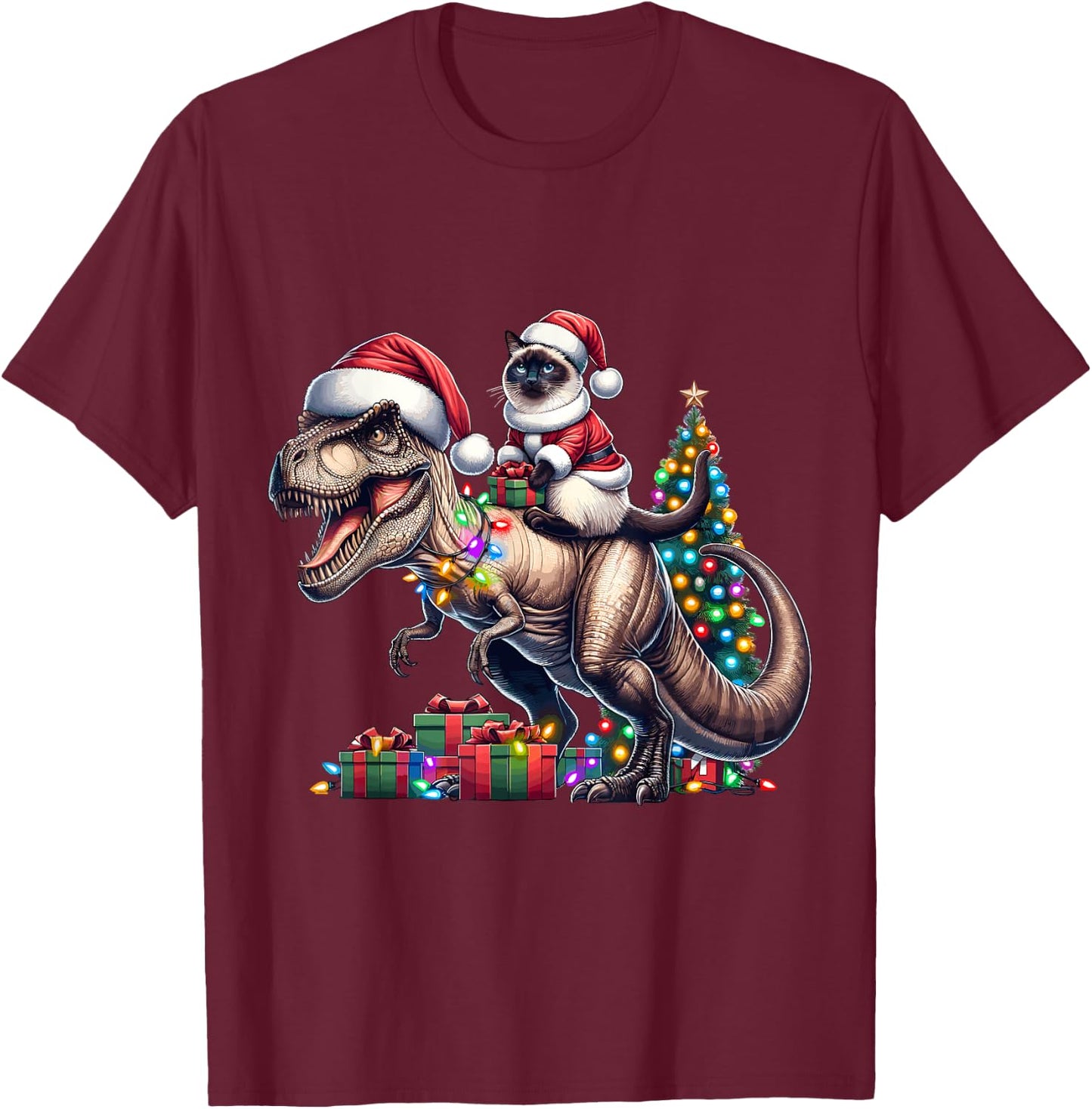 Siamese Cat Rides Festive T-Rex Santa For siamese cat Owners T-Shirt - T-Shirt | Maroon