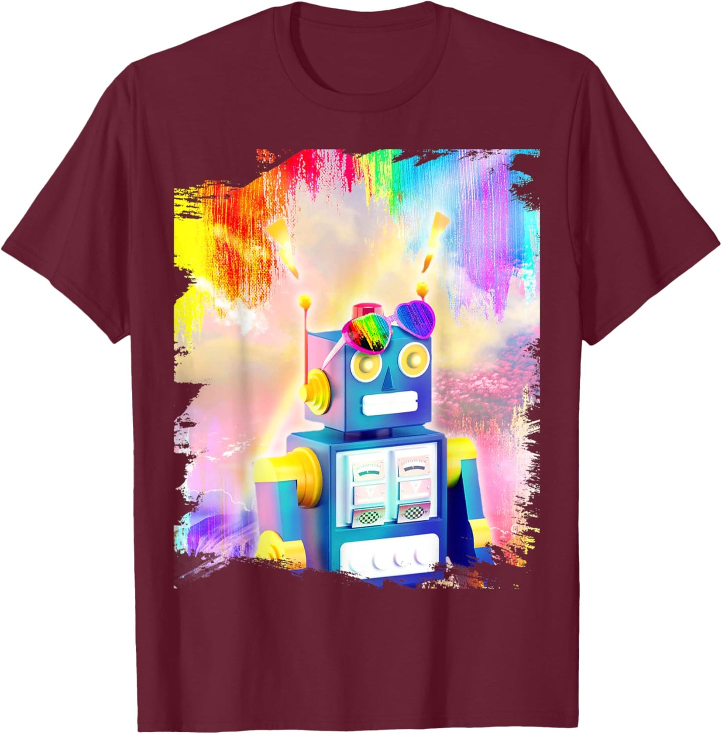 Rainbow robot wearing glasses heart love T-Shirt - T-Shirt | Maroon