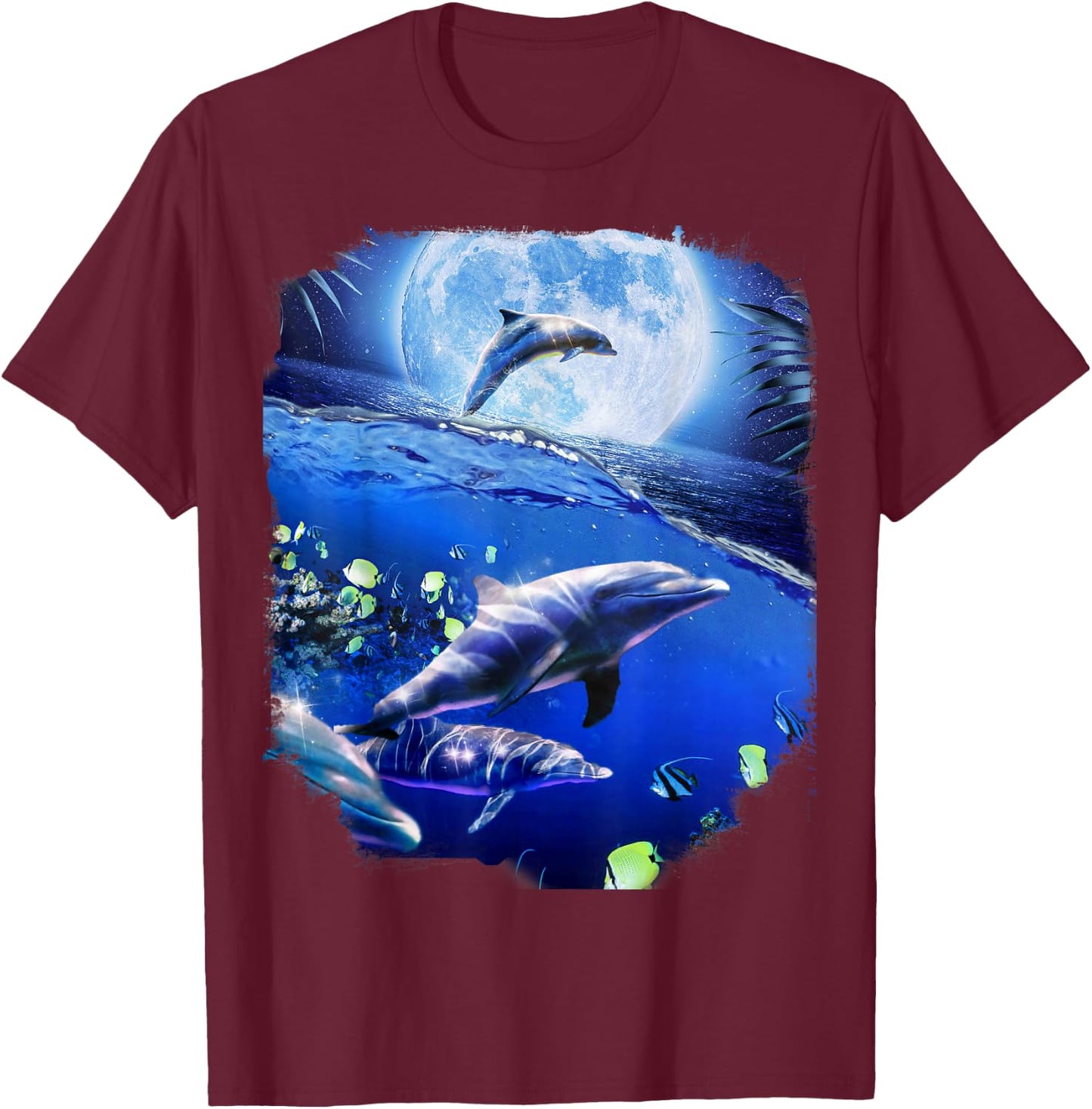 Moon Dolphin Space Dolphins T-Shirt - T-Shirt | Maroon