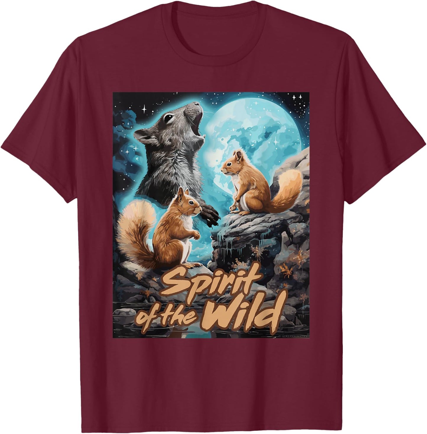 Presto Spirit of the Wild Funny Squirrels Black Women's Cartoon Animal-Print , Small, Short Sleeve, Classic Fit T-Shirt - T-Shirt | Maroon