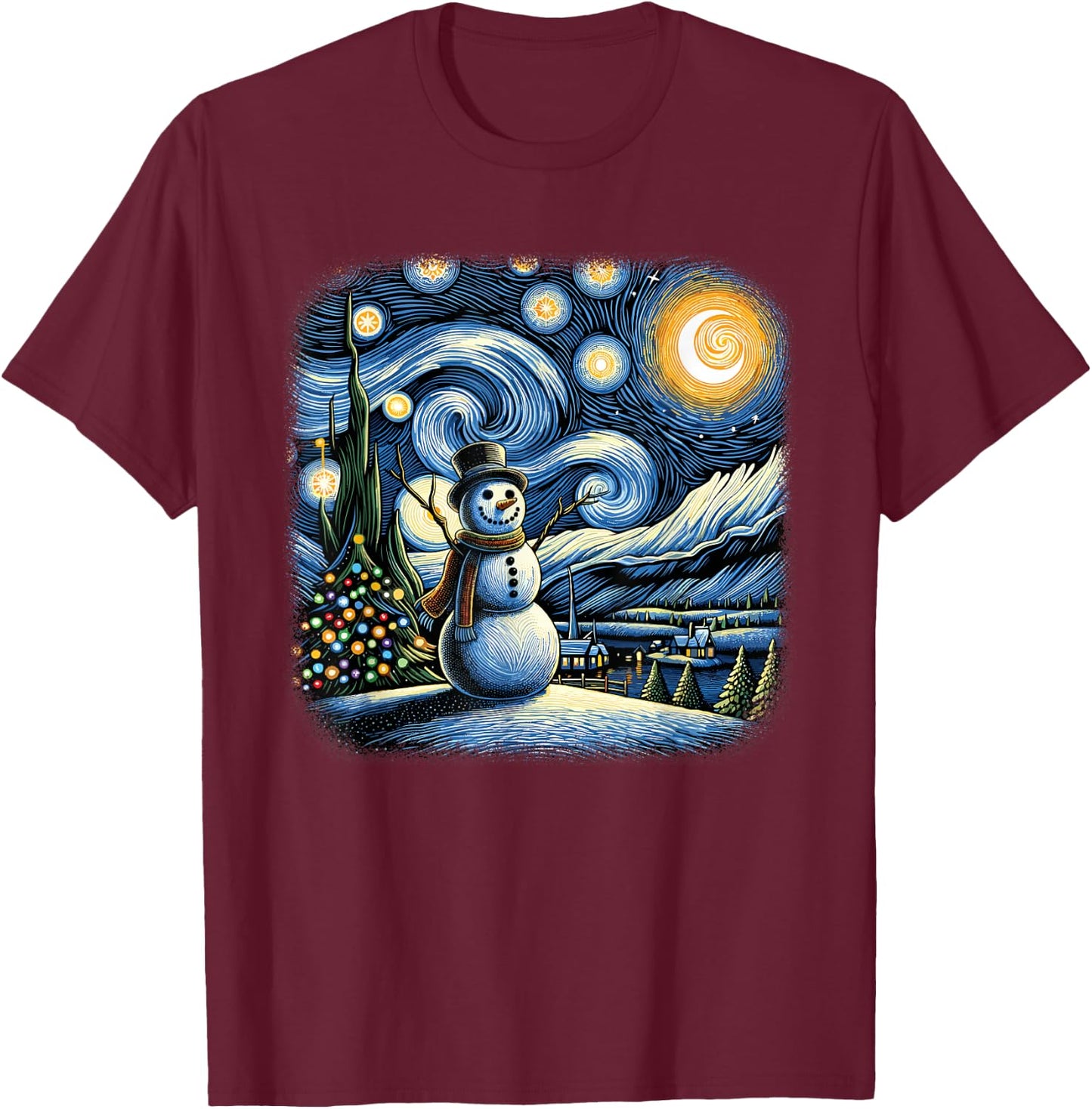 Van Gogh Starry Night Christmas Snowman Winter Snowy Night T-Shirt - T-Shirt | Maroon
