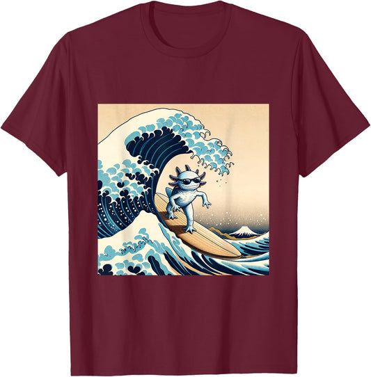 Wave Surfing Axolotl Love Funny Anime Lizard Salamander T-Shirt - T-Shirt | Maroon