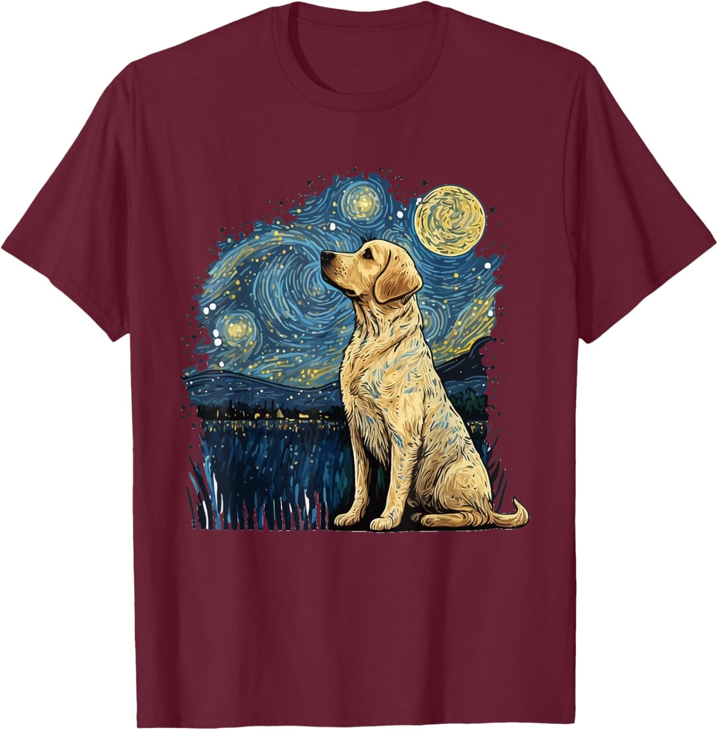 Golden Retriever Starry Night Van Gogh Golden Lab T-Shirt - T-Shirt | Maroon