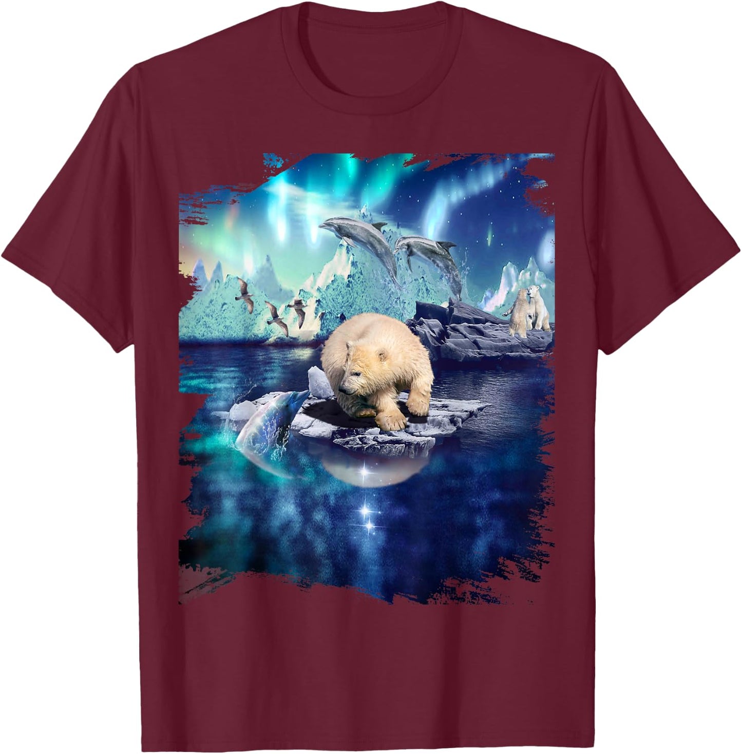 Dolphin and Northern Polar Bear, Lights and Dolphins T-Shirt - T-Shirt | Maroon
