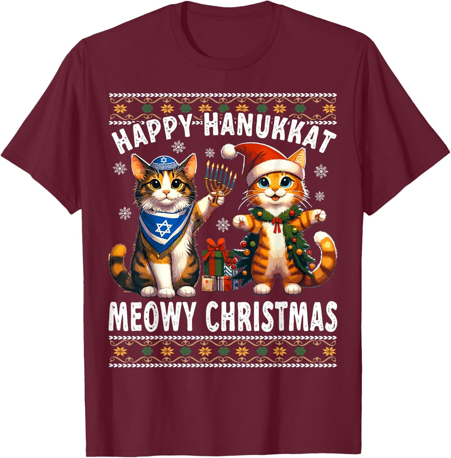 Cat Merry Christmas Happy Hanukkah Jewish Christian T-Shirt - T-Shirt | Maroon