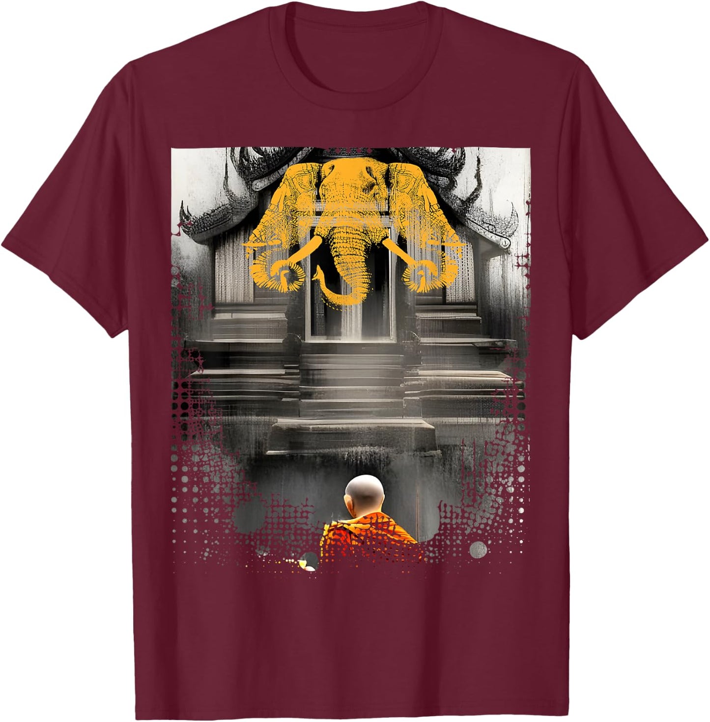 Laos 3 Head Elephant & Lao Monk Asian Buddhist Temple Flag T-Shirt - T-Shirt | Maroon