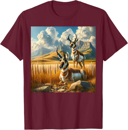 Wilderness Majesty - Pronghorn Antelope & Mountains T-Shirt - T-Shirt | Maroon