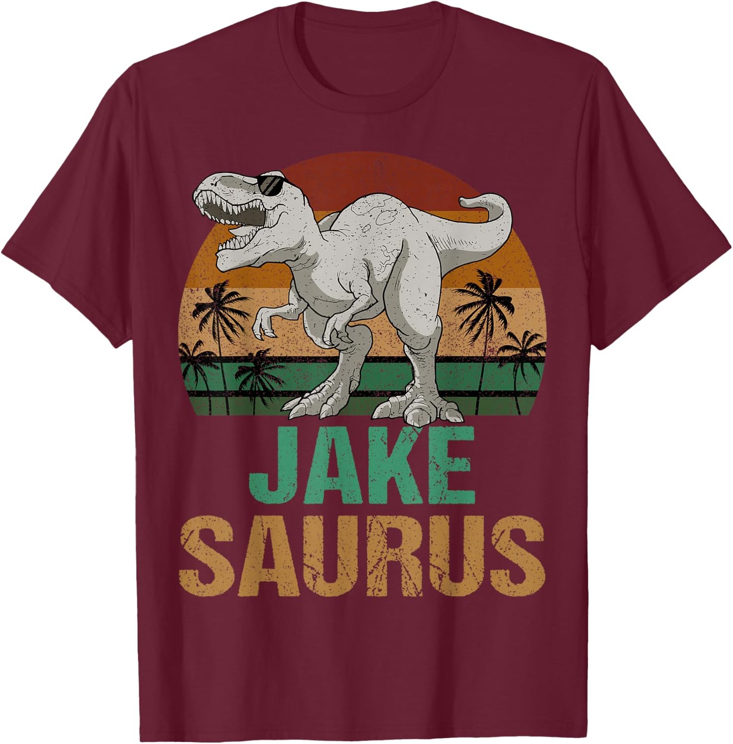 Jake Saurus Dinosaur T Rex First Name Personalized T-Shirt - T-Shirt | Maroon