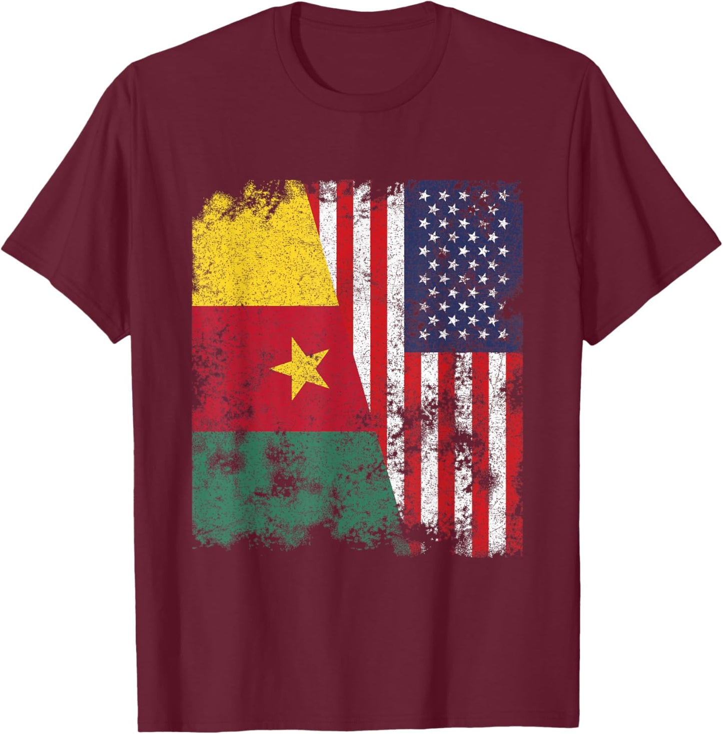 Cameroon USA Flag Distressed - Half American T-Shirt - T-Shirt | Maroon