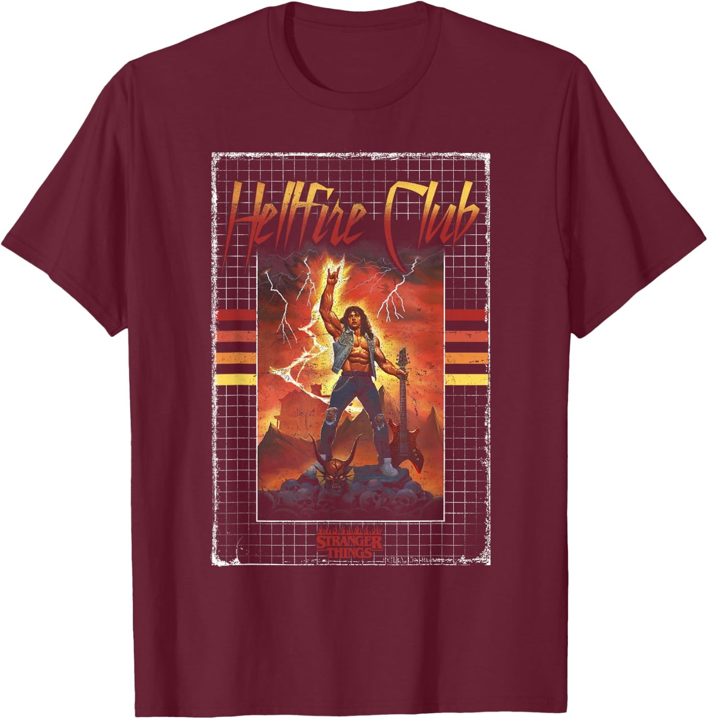 Stranger Things 4 Eddie Munson Hellfire Club Guitar Power T-Shirt - T-Shirt | Maroon