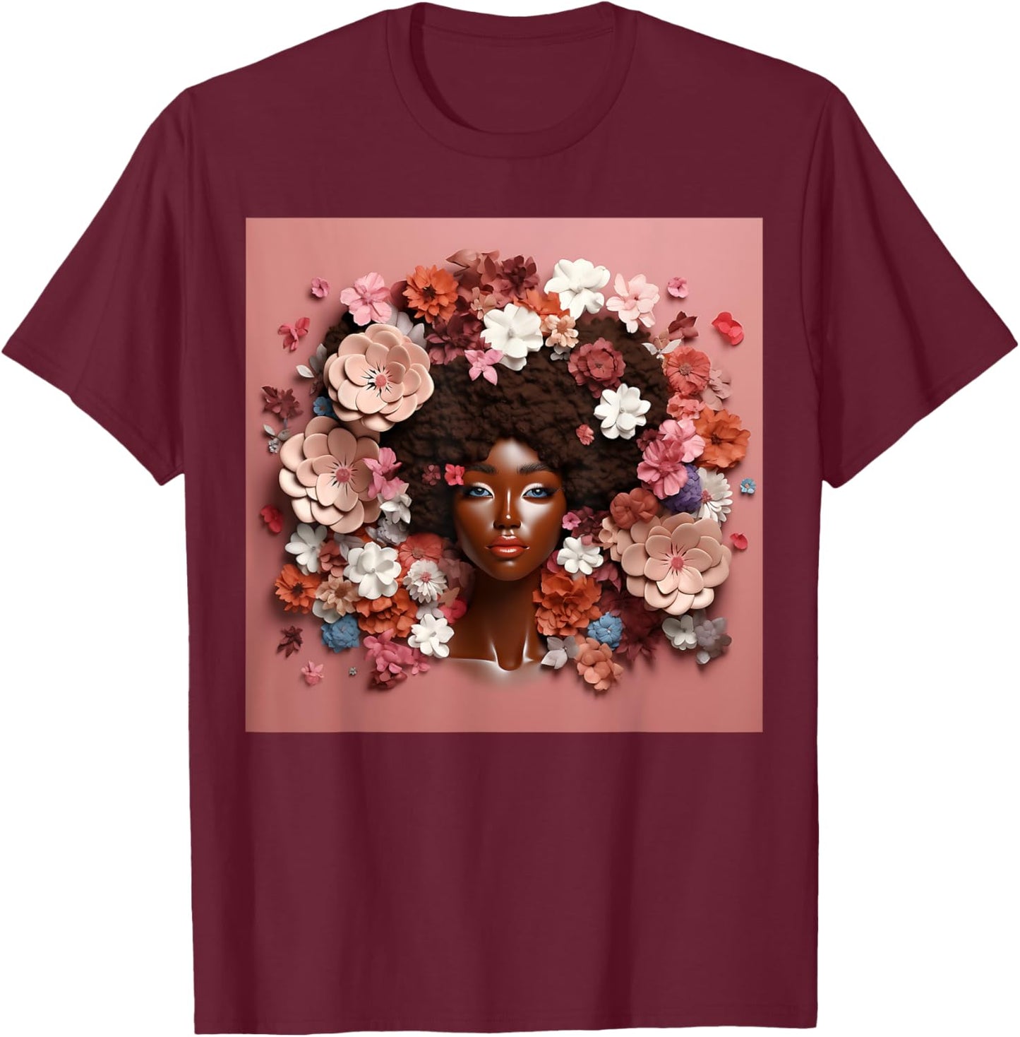 Afro Woman Floral Black Queen Puff Art Melanin Magic Pink T-Shirt - T-Shirt | Maroon