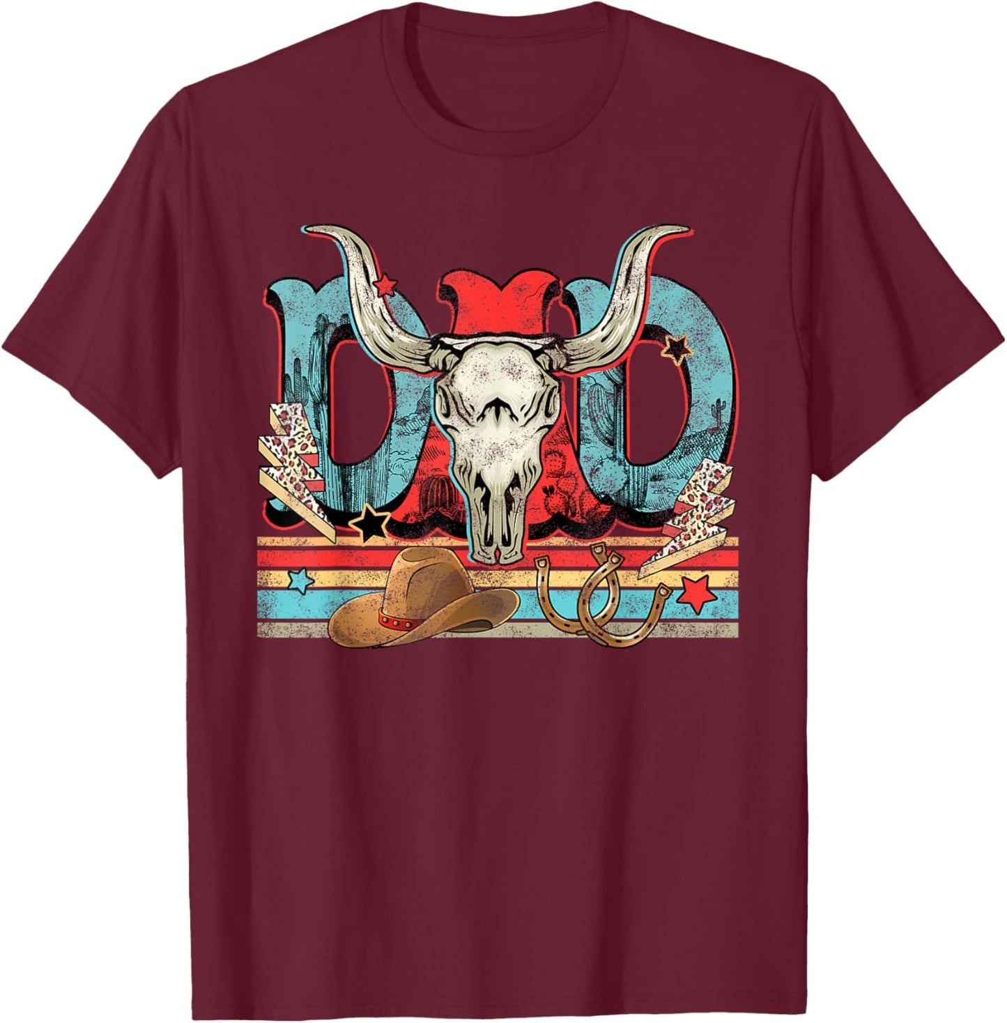 Bull Skull Dad Music Country, Western Dad, Dad Western Rodeo T-Shirt - T-Shirt | Maroon
