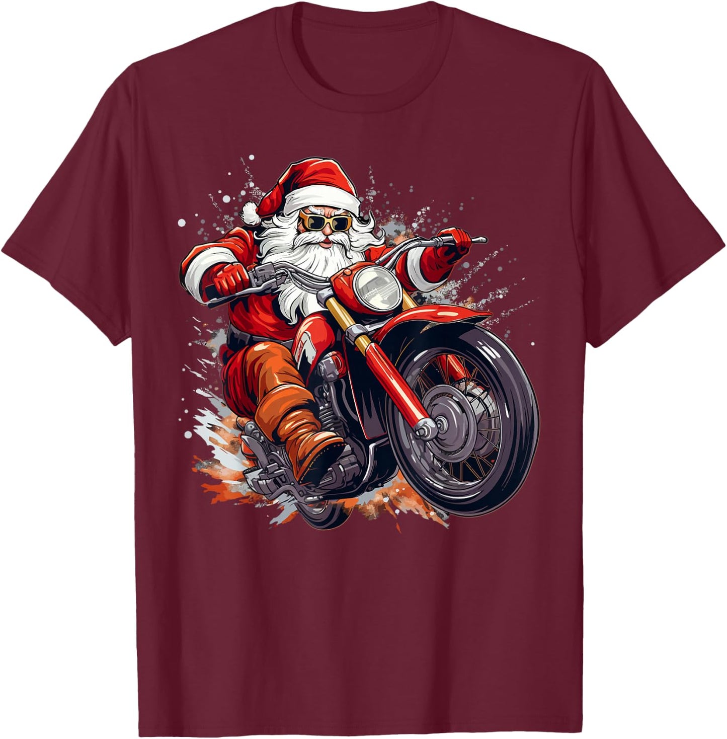 Christmas Santa Motorcycle Rider Xmas T-Shirt - T-Shirt | Maroon