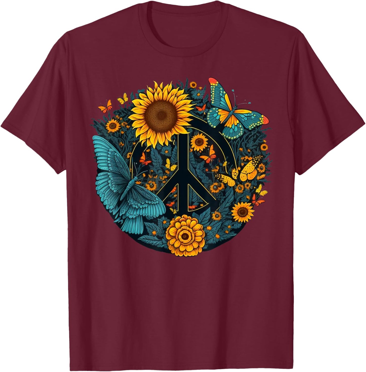 World Peace on Love Sunflower Peace T-Shirt - T-Shirt | Maroon