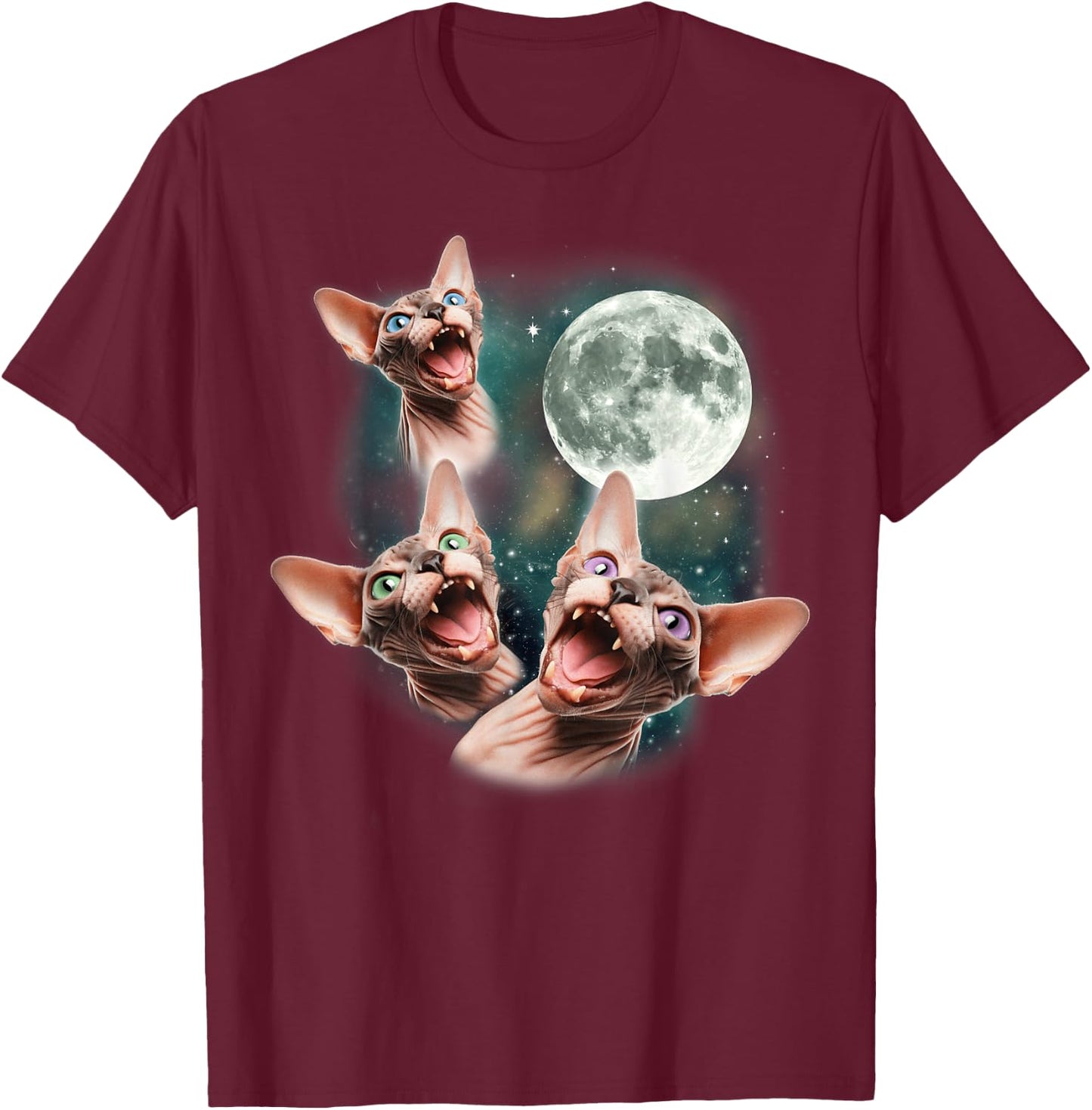 Three Sphynx Moon | 3 Hairless Cats Howling Cursed Wolf Meme Women Kids T-Shirt - T-Shirt | Maroon