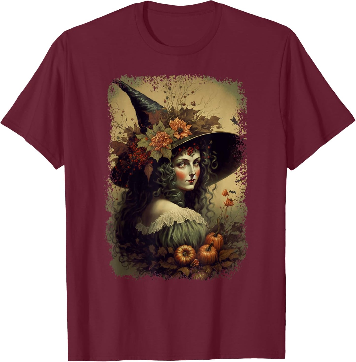 Vintage Nature Witch October Halloween Illustration T-Shirt - T-Shirt | Maroon