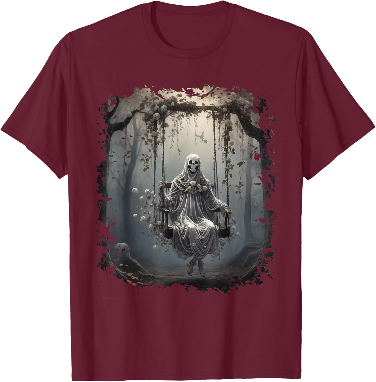 Vintage Floral Ghost On Swing In Forest Halloween Gothic T-Shirt - T-Shirt | Maroon