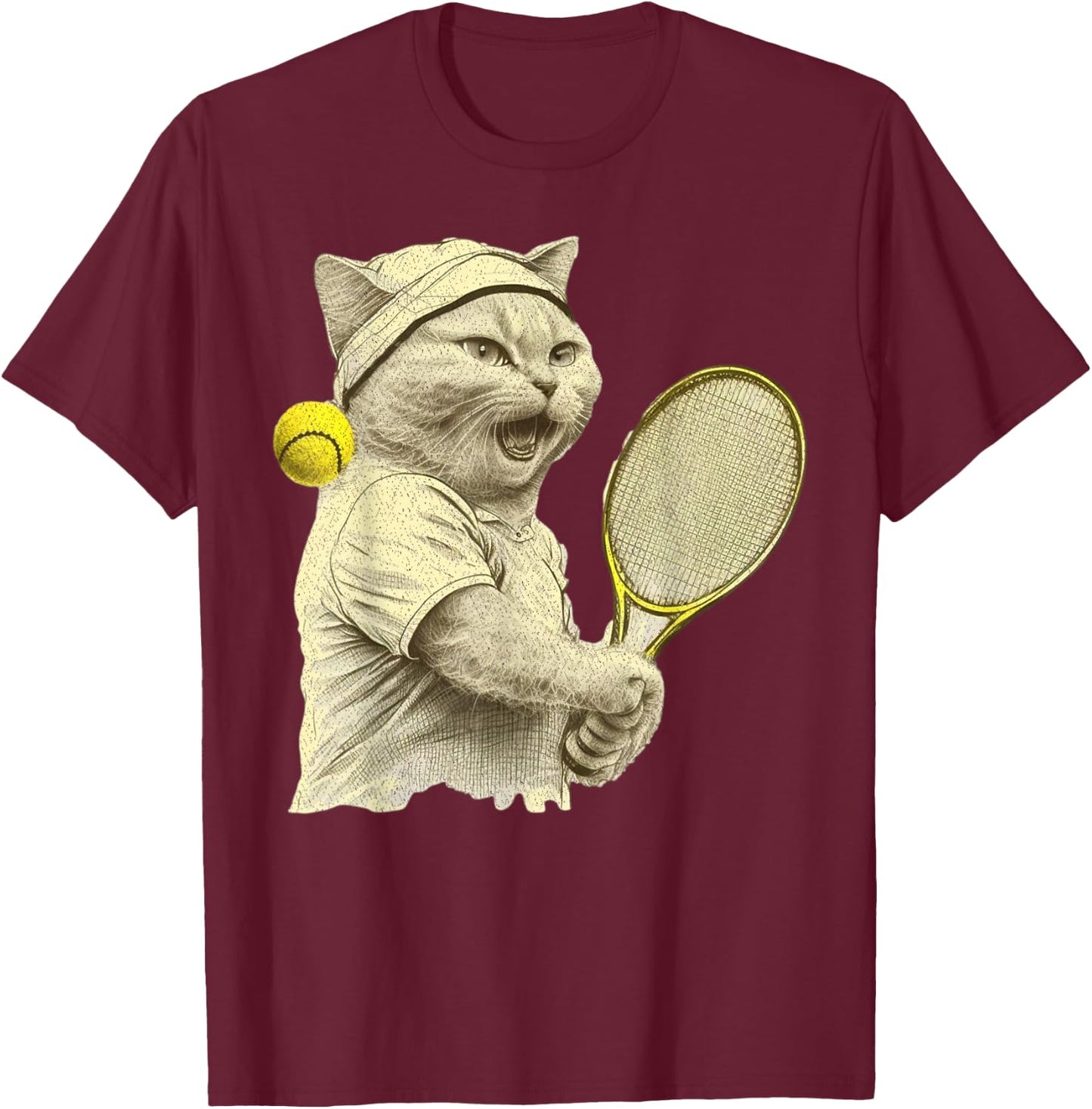 Vintage Cat Playing Tennis, Tennis Racquet, Kitties Lover T-Shirt - T-Shirt | Maroon