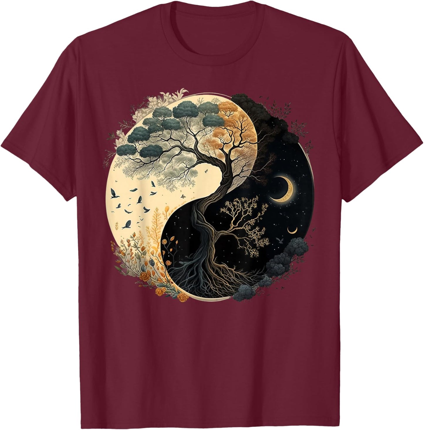 Yin Yang Tree of Life Moon Sun Duality T-Shirt - T-Shirt | Maroon
