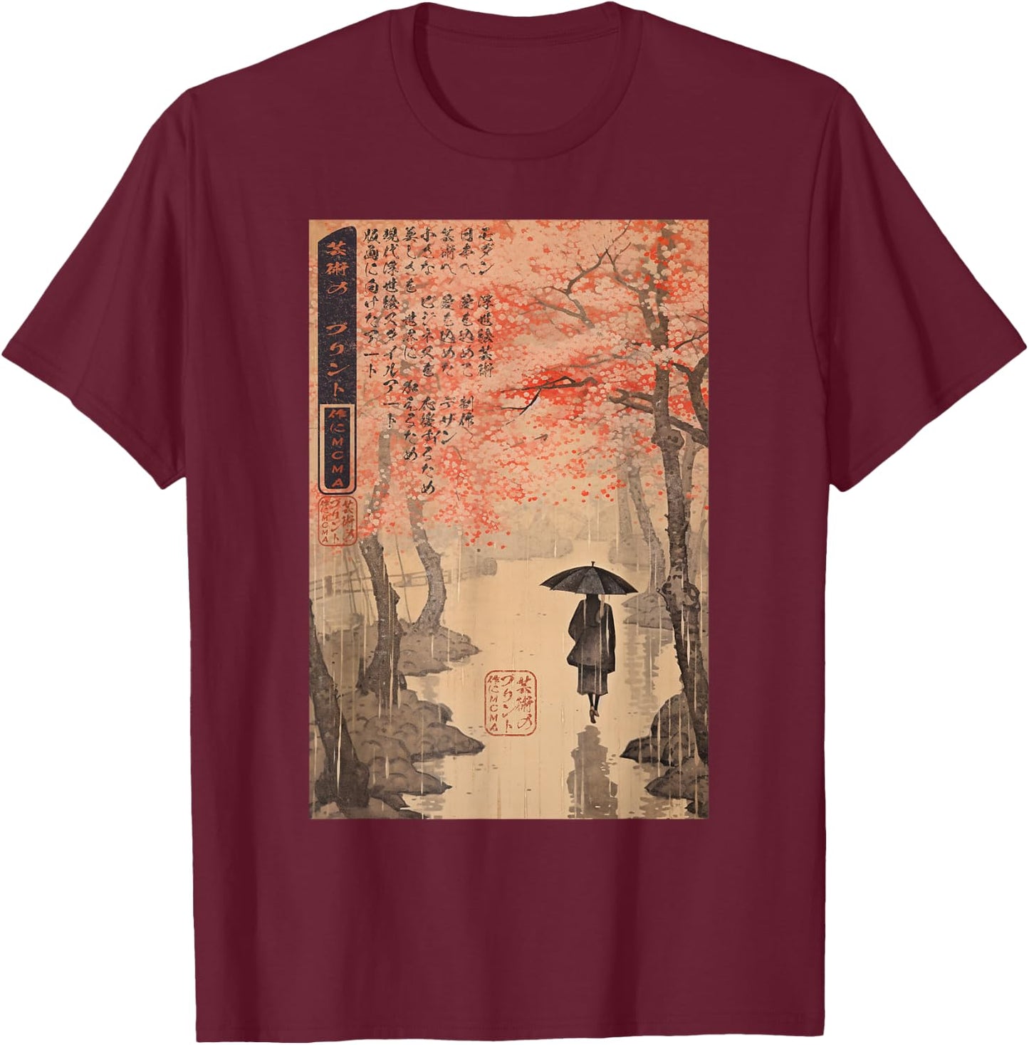 Ukiyo-e Eternal Tokyo Rain Japanese T-Shirt - T-Shirt | Maroon
