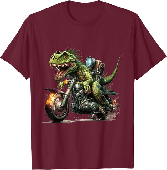 T-Rex Dinosaur Riding a Motorcycle with Flaming Tire T-Shirt - T-Shirt | Maroon
